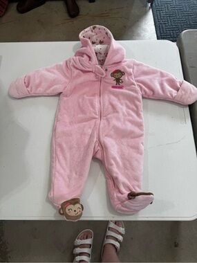 Pink Monkey Hooded Baby One-Piece